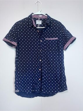 Level Ten Men’s Modern Navy Geometric Short Sleeve Button-Up Shirt | Size Small